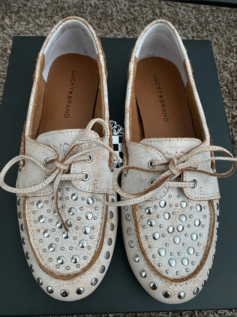 Lucky Brand Metallic Ivory Studded Lace-Up Boat Shoes